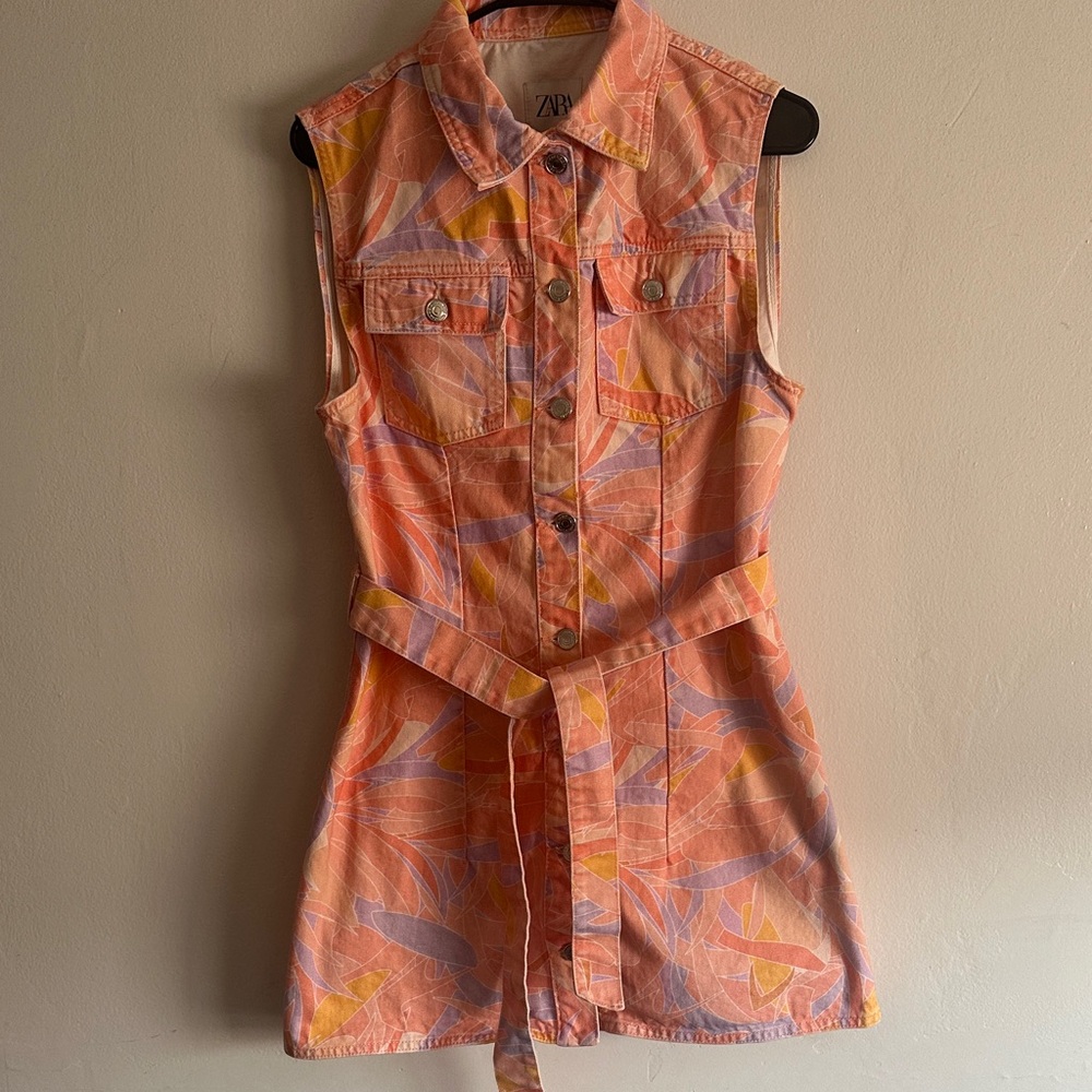 Zara Coral-Peach Printed Sleeveless Denim Dress with Belt